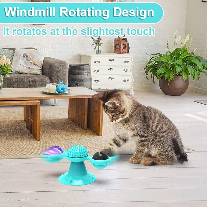 Interactive Windmill Cat Toys with Catnip : Cat Toys for Indoor Cats Funny Kitten Toys with LED Light Ball Suction Cup‖Cat Nip Toy for Cat chew Exercise (Blue)
