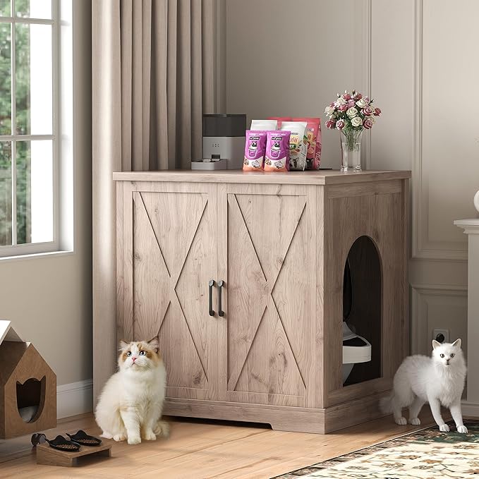 Heybly 34.5" Litter Box Enclosure,Large Robot Cabinet with Charging Station,Wooden Cat Litter Box Enclosure Furniture for Self-Cleaning Robot 3 & 4,Hidden for Smart Litter Box Size,Greige HCLB004SG