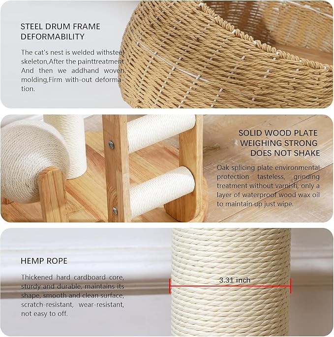 Modern Cat Tree, 30 Inch Wood Cat Tree Tower with Hand-Woven Basket Nest, Sisal Staircase and Scratch Toys, Heavy-Duty Multi-Level Indoor Tower