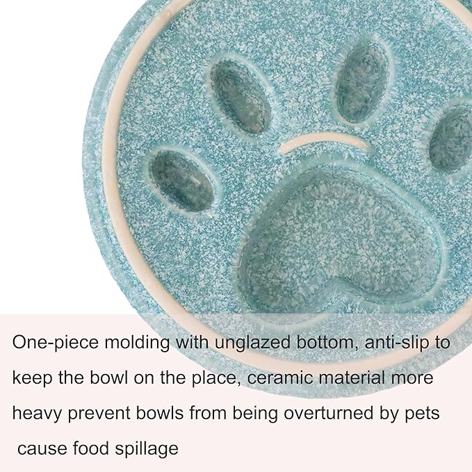 Ceramic Slow Feeder Bowl, 6.69 x 5.7 inches, Elevated Design with Paw Pattern, for Cats and Small Dogs (Blue)
