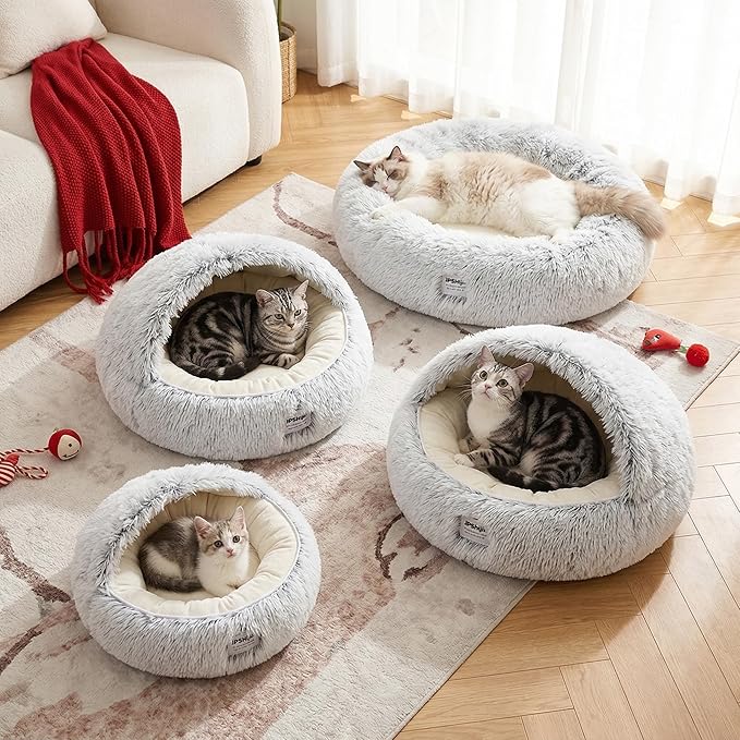 Hooded Dog Bed, Cat Cave Bed with Removable Hood, 2-in-1 Convertible Donut Cat Bed, All Season Fluffy Pet Bed for Cats Small Dogs (Cave Nest - Grey, Medium 19.7 Inches)