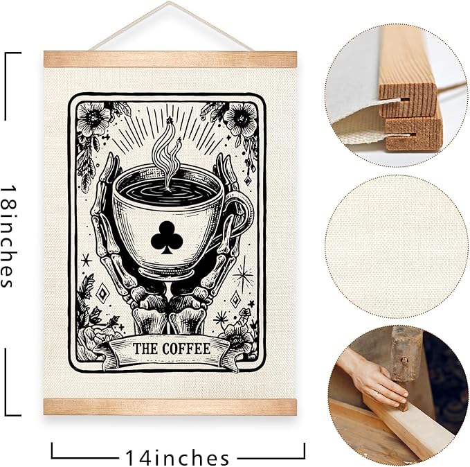 HEYJEEPER Coffee Tarot Card Wall Art ,Gothic Skeleton Hands Holding Cup Prints Linen Poster,Black and White Spiritual Hanging Wall Posters for Coffee Bar,Cafe Shop or Kitchen Home Decor 14x18inch (Coffee03)