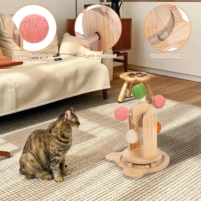 Cat Toy Ball Track,2-in-1 Interactive Cat Toy for Indoor Cats,Natural Sisal Ball with Solid Wooden Base,Spinning Ball Cats Scratcher Toy