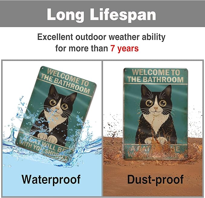 Funny Bathroom Sign Welcome to The Bathroom A Cat Will Be with You Shortly Humorous Restroom Decor Quirky Cat Lover Gift Novelty Aluminum Sign 8x12 Inches Black White Cat