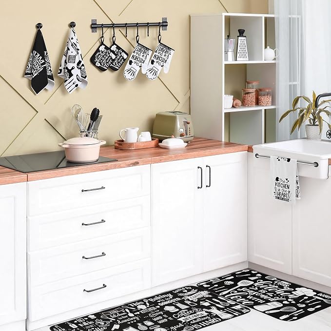 10 PCS Farmhouse Kitchen Decor Sets 4 Black White Kitchen Dish Towels 2 Oven Mitts 2 Pot Holders 2 Rugs Mats Rustic Decorations Accessories for Cooking Baking Bathroom Home Housewarming Camp Mom Gift