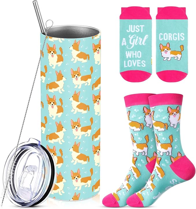 Funnymoom 2 Pack Corgi Gifts Set Skinny Tumbler 20 oz Travel Coffee Mug Novelty Cute Animals Socks, Christmas Birthday Party Gifts for Corgi Cute Dog Themed