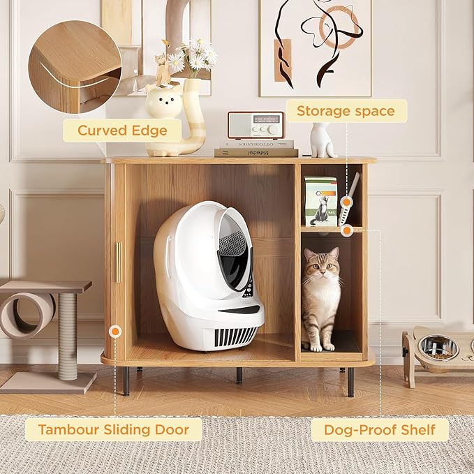 Large Litter Box Enclosure with Charging Station for Automatic Litter Box & Cat Robot 3/4, Hidden Litter Box Furniture with Dog-Proof Shelf, Scratch Pad, Wooden Cat Box Enclosure, Natural