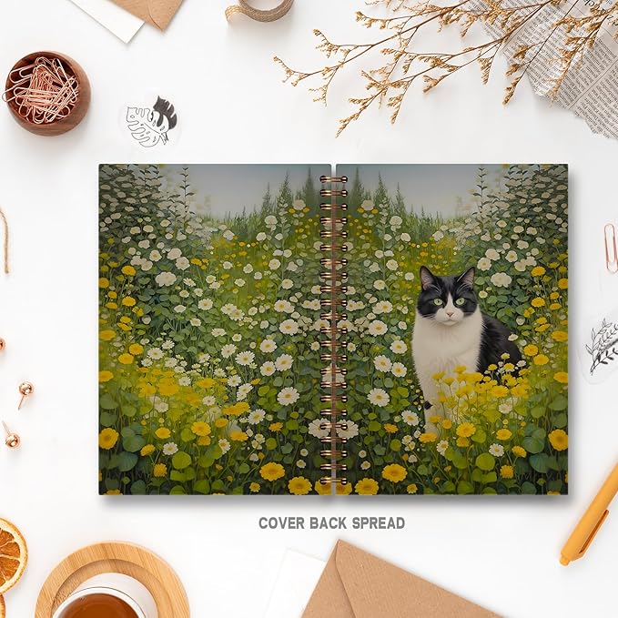 Vintage Floral Tuxedo Cat Notebook, Retro Cottagecore Daisy Flower Botanical Kitty Journal for Writing, Cat Office Supplies, Spiral Notebook 5.5x8.3 Inch