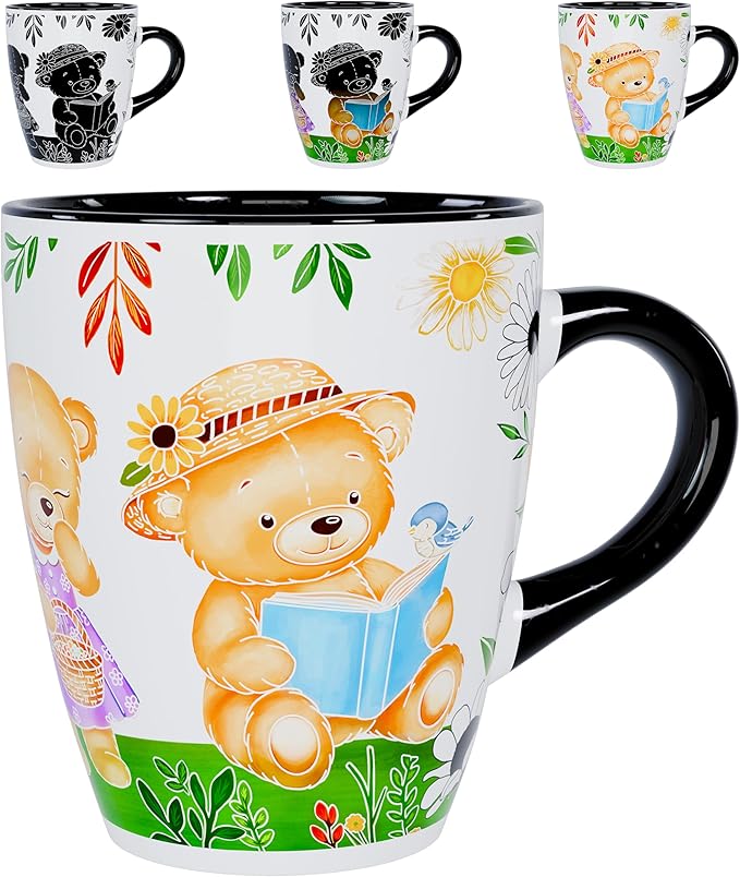 Color Changing Teddy Bear Coffee Mug 12oz – Ceramic Heat Sensitive Cup for Coffee, Tea, Hot Cocoa & Milk – Magical Bear Mug with Floral Reveal – Gift for Women, Mom, Grandma, Kids at Heart