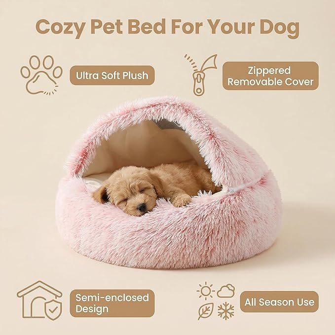 Hooded Dog Bed, Cat Cave Bed with Removable Hood, 2-in-1 Convertible Donut Cat Bed, All Season Fluffy Pet Bed for Cats Small Dogs (Cave Bed - Pink, Medium 19.7 Inches)