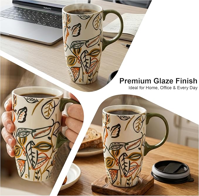 Topadorn 17oz Ceramic Coffee Travel Mug - Leak-Proof Lid, Handcrafted Leaf Pattern Tea & Latte Cup