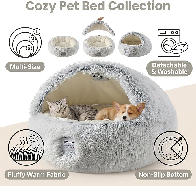 Hooded Dog Bed, Cat Cave Bed with Removable Hood, 2-in-1 Convertible Donut Cat Bed, All Season Fluffy Pet Bed for Cats Small Dogs (Cave Nest - Grey, Large Size 23.6 in)