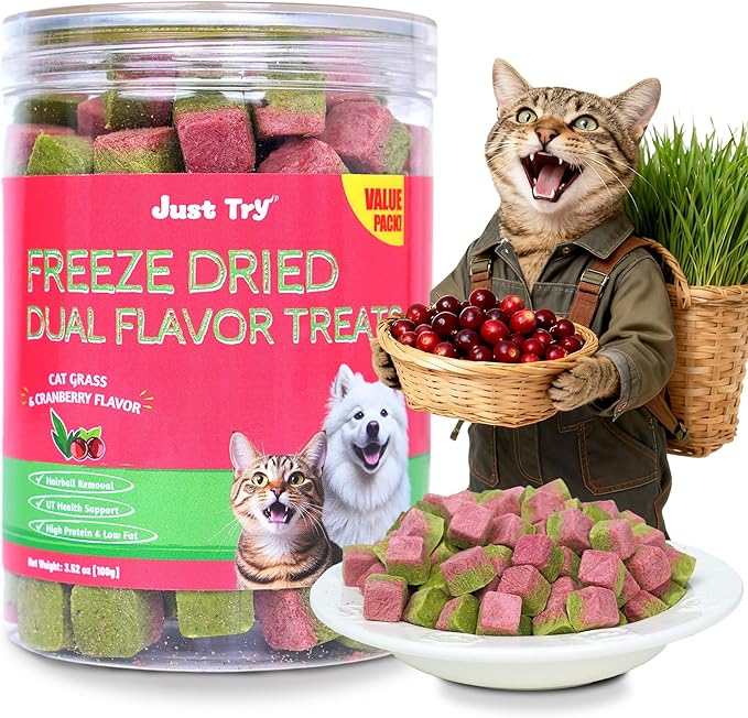 Just Try 3.52 oz Freeze Dried Cat Treats for Indoor Cats High Protein Training Treats Food Topper, Cat Grass Treats Hairball Control & Cranberry for Urinary Tract Health