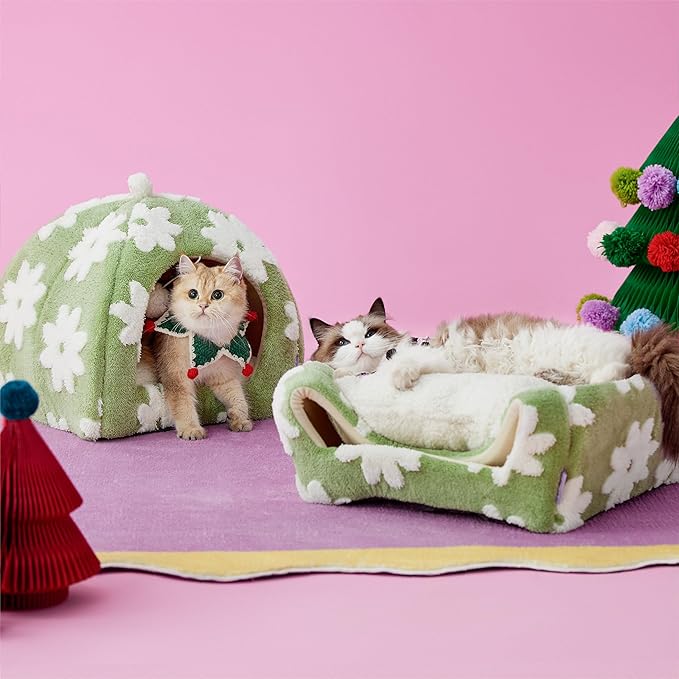 Lesure Cute Cat Beds for Indoor Cats - 2 in 1 Large Cat Cave Bed with Removable Washable Cushioned Pillow, Cozy Kitten Tent with Non-Slip Bottom, Green, 17.3 inches