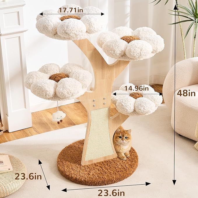 HITTITE Flower Cat Tree with Scratching Post, 48 Inches Cute Cat Tower with Wooden Branch Design, Aesthetic Modern Cat Climbing Tower with Flower Perches and Hanging Toy for Indoor Cats Large Adult.