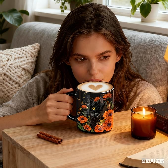 Mystical Floral Black Cat Mug, Black Cat Gifts Coffee Cup, Cats Lover Mom Dad Gifts, Dark Aesthetic Orange Daisy Flower Kitten Kitty Ceramic Coffee Mug 11 oz