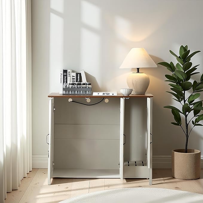 Large Litter Box Enclosure with Cat-Exclusive Dog-Proof Entrance, Litter Cabinet with Power Outlet and Litter Collector, for Placing Cat Robot 3/4 (Antique White)