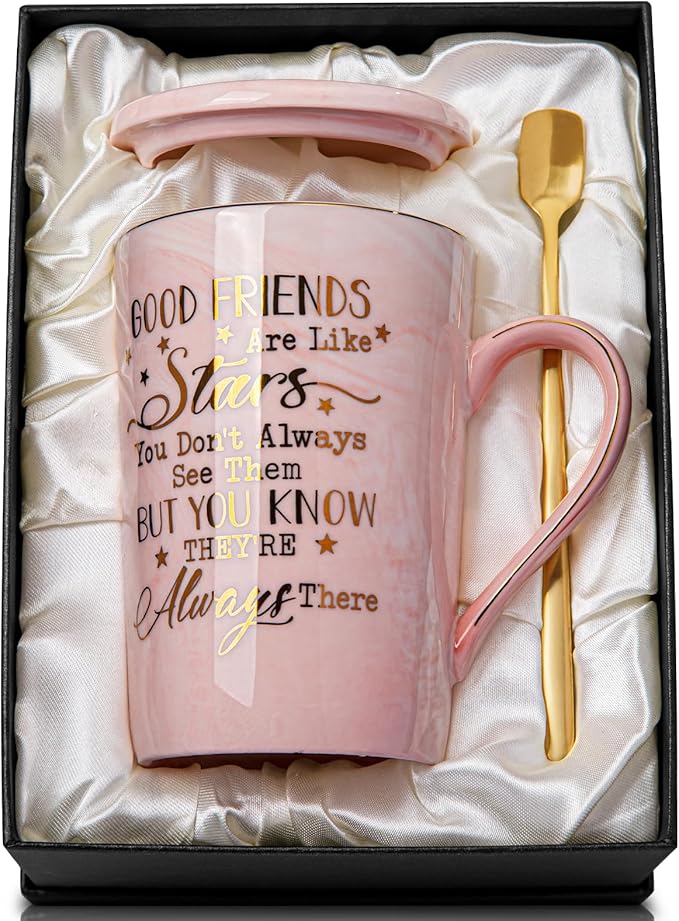 Best Friend Birthday Gifts for Women, Friendship Gifts for Women, Unique Mothers Day Birthday Gift Ideas for Her, Friends Female, Besties, BFF Ceramic Marble Coffee Mug Gift Box Printed Gold 14 oz