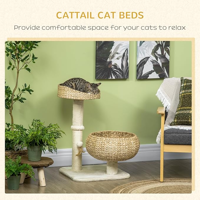 PawHut 28" Elevated Cat Bed with Sisal Scratching Post for Indoor Kitties, Modern Cat Tree with Cute Basket Design, Small Cat Tree with Fun Ball Toy
