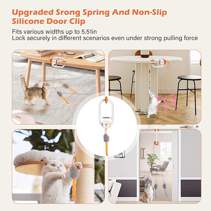 Rechargeable Electric Cat Teaser with Remote – Interactive Door Clip Teaser for Cats, 2 Motion Modes (360° Spin & Irregular Jumping), Smart Auto Cat Toy for Exercise & Fun (Orange)