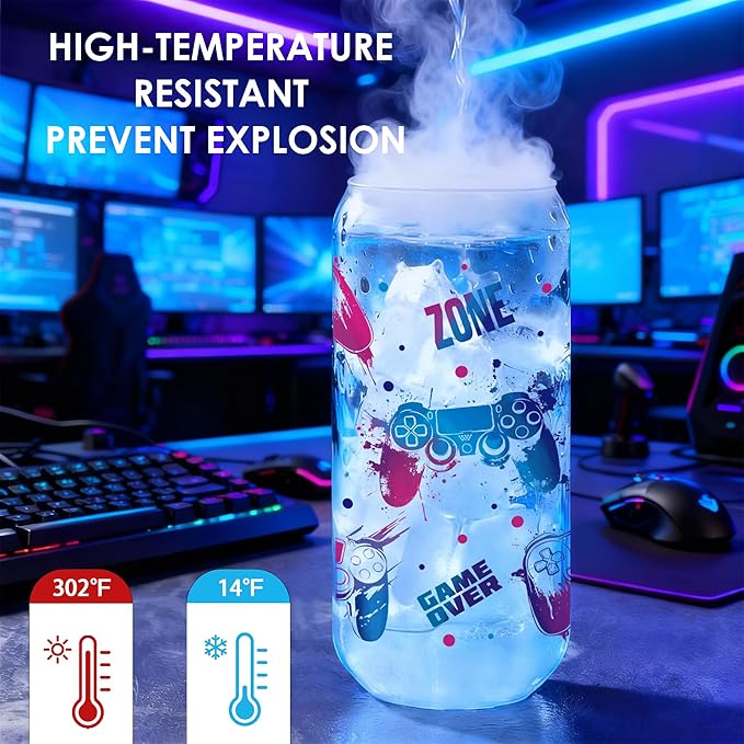 Joeyan Glass Cup with Lid and Straw - 20oz Iced Coffee Cup with Gaming Socks, Gamer Gifts for Men, Video Game Themed Glass Tumbler for Smoothie Boba Tea, Funny Gaming Gifts for Boyfriend Son Gamers