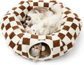 Lesure Large Cat Tunnel Bed - Cute Donut Bed for Indoor Cats with Washable Circle Cushion, Round Pet Peekaboo Cave Toy for Multi Kitten/Puppy/Rabbit, Large Brown Checks