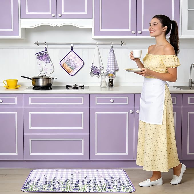 10 Pcs Farmhouse Lavender Kitchen Decor and Accessories Set 4 Kitchen Towels 2 Pot Holders 2 Oven Mitts 2 Rugs for Cooking Baking Mom Housewarming Gifts(Purple,Lavender)