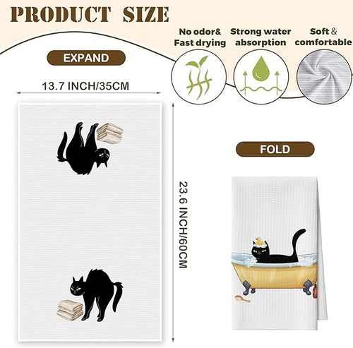 Bath Towels Set of 2, Cute Bathing Black Cat Dish Towel for Bathroom Spa Kitchen, Decorative Hand Towels, Fast Drying Tea Towel, Housewarming Xmas Gifts for Cat Lover Women Mom -B28