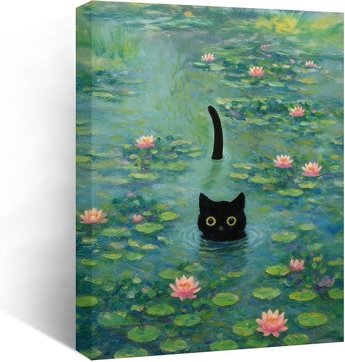 Funny Cat in Water Lilies Wall Art, Vintage Monet-Style Bathroom & Bedroom Decor, Ready to Hang Aesthetic Cat Gift for Dorm, Living Room, Wrapped Framed Canvas Print(11’’x14’’)