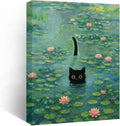 Funny Cat in Water Lilies Wall Art, Vintage Monet-Style Bathroom & Bedroom Decor, Ready to Hang Aesthetic Cat Gift for Dorm, Living Room, Wrapped Framed Canvas Print(11’’x14’’)