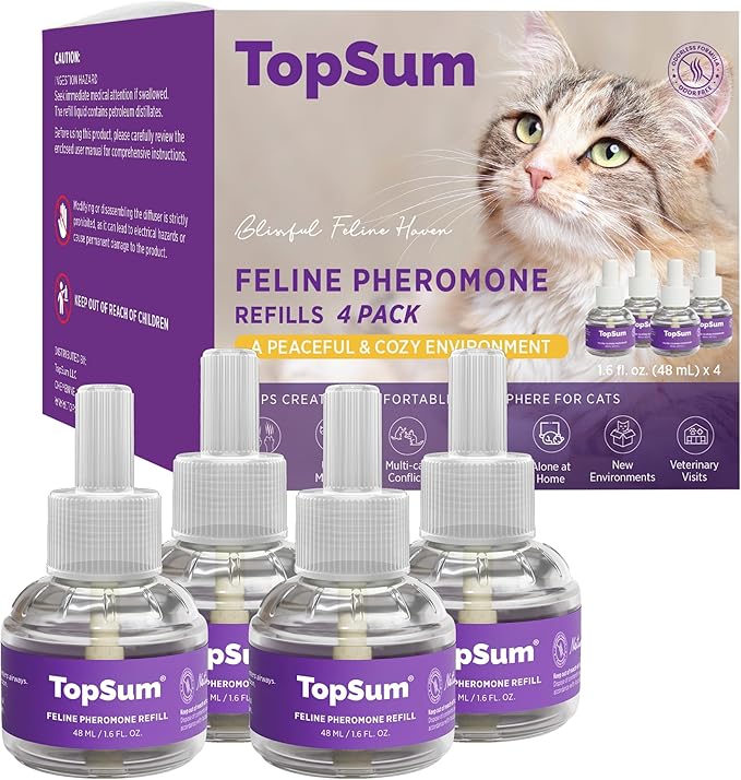 TopSum Cat Calming Pheromone Diffuser: Feline Pheromones Plug in for Stress, Along At Home, Spraying, Fighting, Scratching, Aggression & Excessive Meowing (Purple– 4 Refills New)