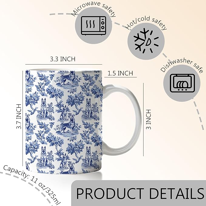 Chinoiserie German Shepherd Mug, German Shepherd Gifts Coffee Cup, Dog Lover Gifts for Women Men, Blue and White Toile Dog Ceramic Coffee Mug 11 oz