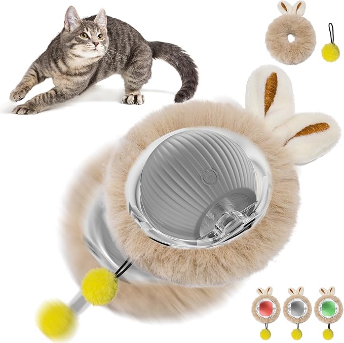 Moving Cat Toy Ball, Automatic Moving Toys for Indoor Cats, Smart Rolling Kitten Toys, Cat Self Rotating Balls with Lights, Recharge Interactive Kittens Balls with USB Cable, Gray