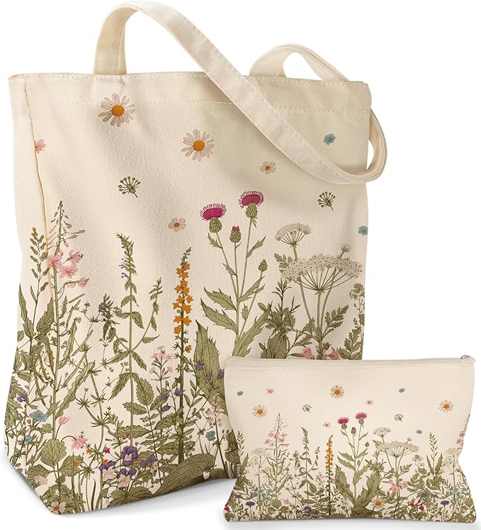 Miss Adola Aesthetic 2 Pack Canvas Tote Bag - with Makeup Zipper Pouch for Women Bag for Shopping, Gym, Travel, Vacation