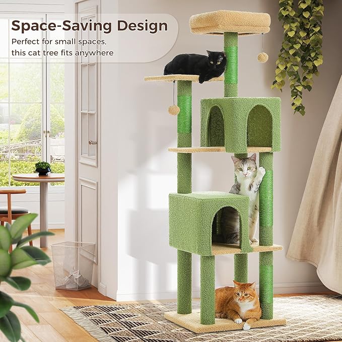 MUTTROS Cactus Cat Tree, 62-Inch Large Cat Tower for Multi-Cat Households w/Scratching Posts, Multi-Level Condo w/Cozy Top Perch & Scratching Pad, Padded Platform, 2 Pompoms, Green
