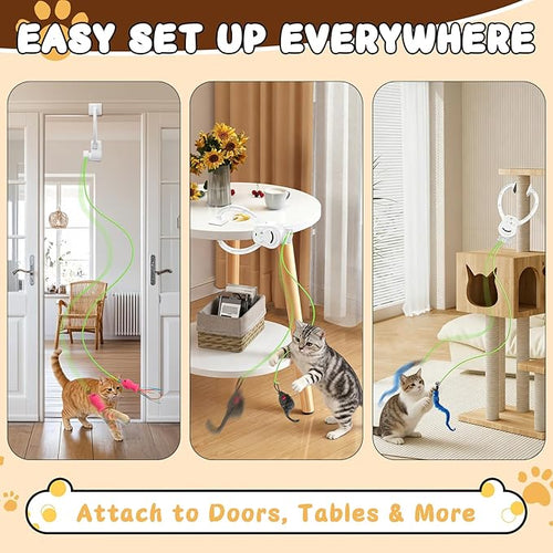 Automatic Cat Toy for Indoor Cats, Interactive Door Hanging Cat Toy with Smart Touch Restart, USB Rechargeable Cat Teaser with Elastic Rope, Adjustable Height Cat Toy for Kittens & Adult Cats (White)