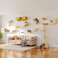 Cat Wall Shelves, Wall Mounted Pet Shelf Furniture w/Plush Fabric(26 Piece Set), 63''H Cat Tower w/Scratching Posts, Cats Furniture with 40''L Tunnel, Condos, House, Steps and Ladder, Beige