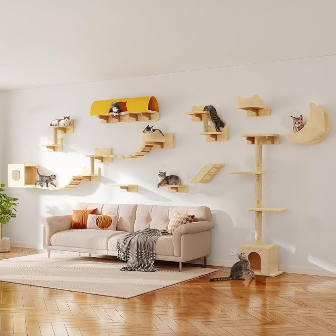 Cat Wall Shelves, Wall Mounted Pet Shelf Furniture w/Plush Fabric(26 Piece Set), 63''H Cat Tower w/Scratching Posts, Cats Furniture with 40''L Tunnel, Condos, House, Steps and Ladder, Beige