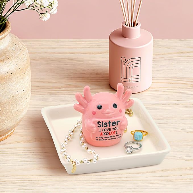 Sister Gifts: Pink Axolotl Ring Holder - Sister I Love You Axolotl - Gifts for Sisters Mother's Day, Birthday, Christmas & Wedding, Jewelry Organizer for Rings Bracelets Earrings Neckalce