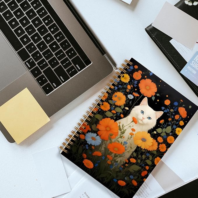 Cat Floral Notebook, Dark Cottagecore Vintage Moody Wildflower White Kitty Journal for Writing, Cat Office Supplies, Spiral Notebook 5.5x8.3 Inch