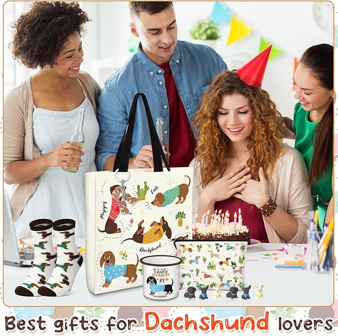 Dachshund Lover Gifts for Women Birthday Gifts Baskets Set Include Canvas Tote Bag, Makeup Bag, Socks, Keychain, Enamel Mug, Small Figurines for Mom, Wife, Sister, Friend