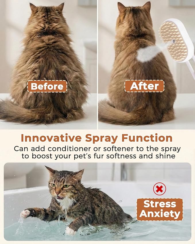 Cat Steam Brush for Shedding 4 in 1 Pet Rechargeable Spray Hair Removal Comb for Indoor Cats with Pets 360-Degree Rotatable Flea Comb Grooming Supplies Suitable for All Long-haired and Short-haired