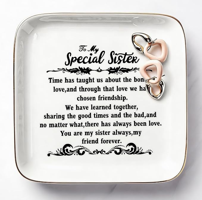 PUDDING CABIN Mother's Day Sister Gifts from Sister Birthday Gifts, Ceramic 5.5inch Jewelry Dish Ring Tray - “You are My Sisters Always, My Friend Forever Gift for Big or Little Sisters