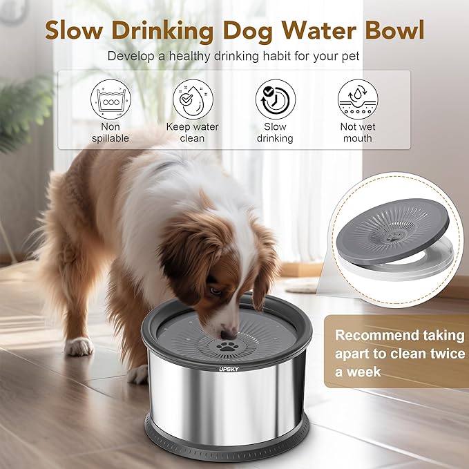 UPSKY 2.5L Dog Water Bowl, No Spill Dog Water Bowl, Stainless Steel Spill Proof Slow Water Feeder,No Splash Water Bowl with Anti-Slip Mat for Messy Drinkers Grey, D.2.5L