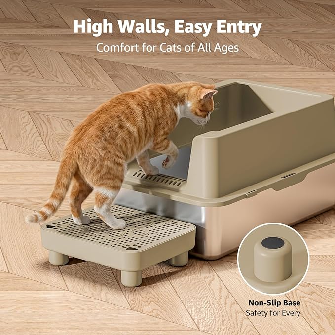 Cat Litter Box Step Ramp,Cat Litter Catcher Mat with ABS Material Base,Filter Function,Pedal Stool for Self-Cleaning Litter Box,Anti-Tracking & Non-Slip,Ideal for Kitten & Elderly Cats,Khaki