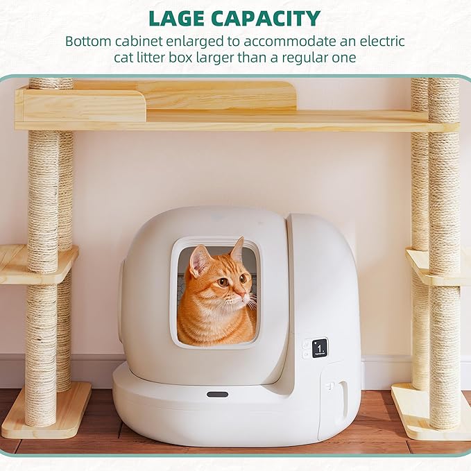Wood Cat Tower for Automatic Litter Box, 60.2" H Tall Cat Tree for Self Cleaning Litter Box, Multi-Level Solid Wood Cat Tree Tower Cat Furniture w/Scratching Post, House, Burlywood