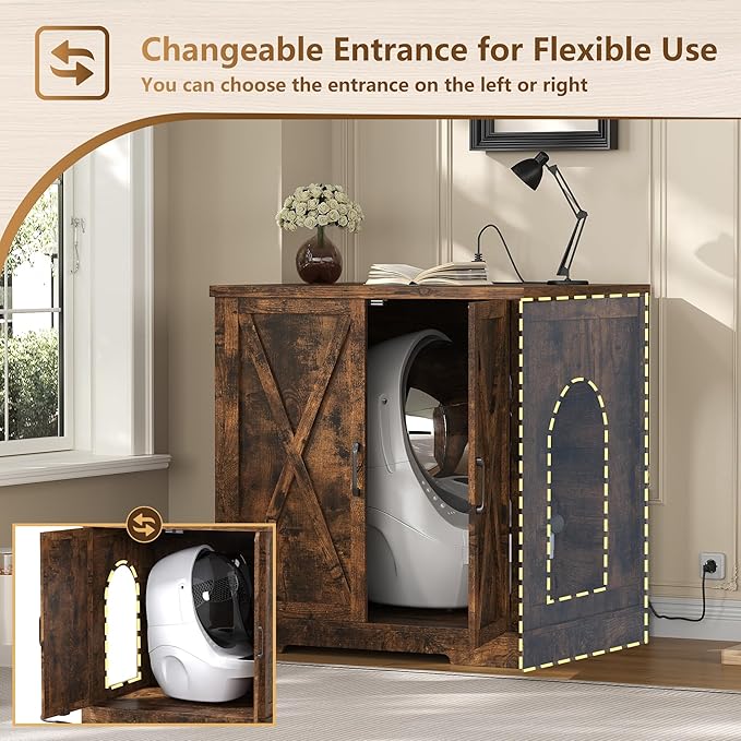 Hey-brother Enclosure for Self Cleaning Cat Litter Box, Large Hidden Litter Box Furniture with Charging Station, Suitable for Automatic Cats Litter Boxes and Robot, Vintage, Rustic Brown JCLB004SR