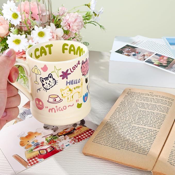 Cat Mug, Cute Coffee Mug, Funny Aesthetic Ceramic Cup for Cappuccino Espresso Tea Milk Juice, Cat Lovers Gifts for Christmas Holiday Party, Dishwasher Safe