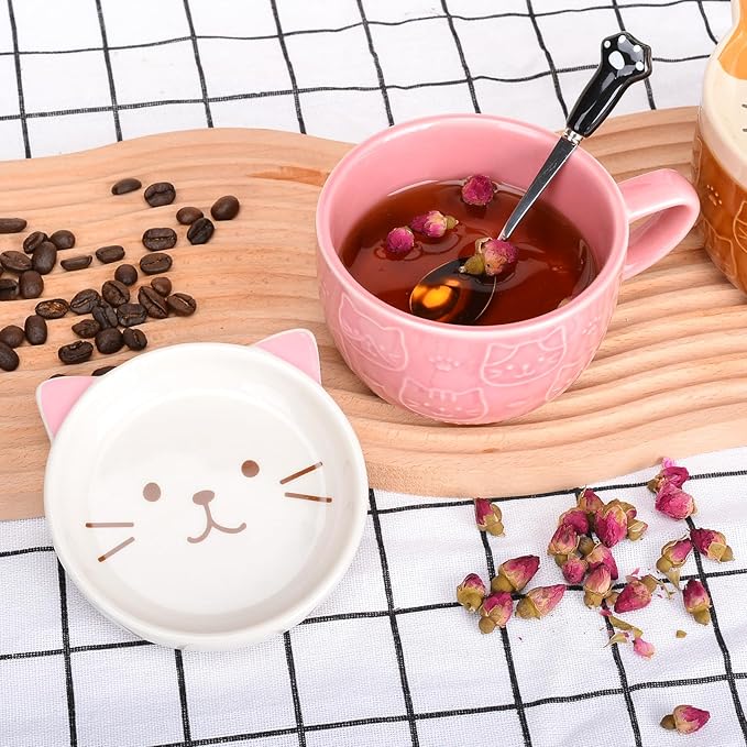 Cute Cat Coffee Mug with Lid,Animal Tea Cup with Saucer Set,Kawaii Ceramic Mugs with Biscuit Holder and Spoon,Gifts for Women,Teacher,Friend,for Mothers Day,Easter,Christmas (Pink Cat)