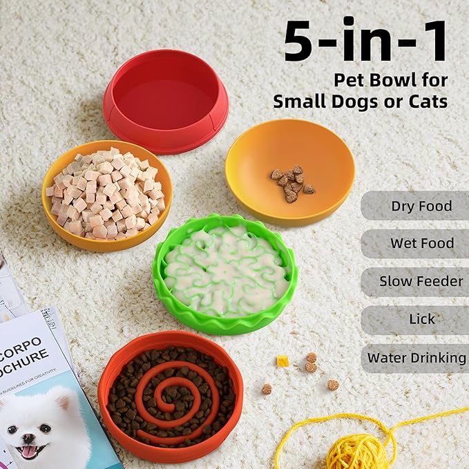 5-in-1 Dog Bowls Set, 6.1 inch Cute Colorful Hamburger-Shaped Dog Food Bowl Stackable for Easy Storage and Travel, Cat Bowls for Food and Water, Pet Bowls Suitable for Small and Medium Dogs (Orange
